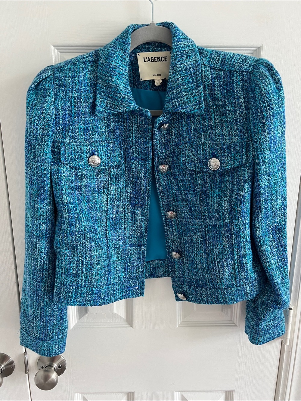 L'AGENCE Turquoise Blue Tweed Cropped Blazer